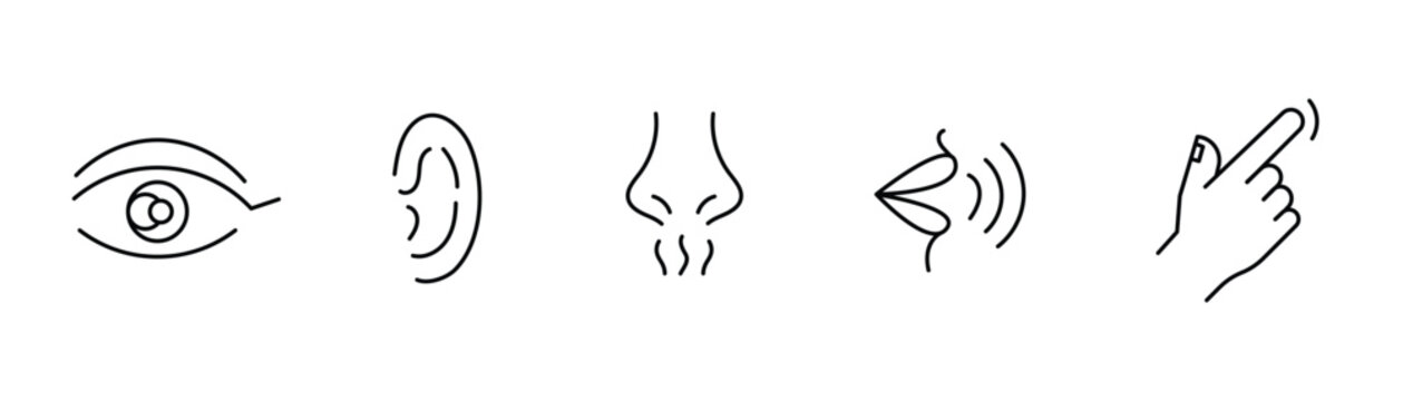 Minimal Human Sense Icons &ndash; Sensory Organ Symbols, Eye, Ear, Nose, Mouth and Touch Hand Vector Set, EPS 10