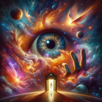 Surreal Cosmic Eye with Hands and Open Doorway