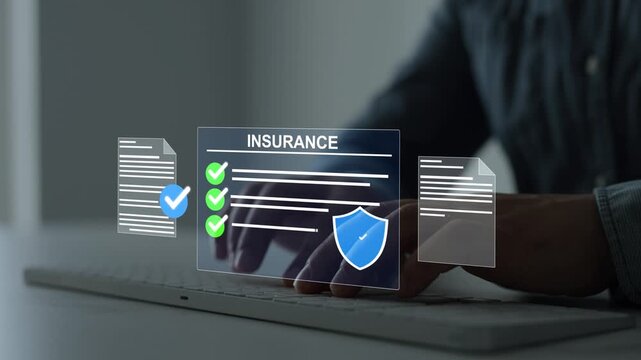 Insurance policy verification checklist with digital documents.Protection symbols secure contract management for family, property, health and automotive coverage.