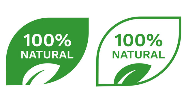 100% Natural Label with Green Leaf Icon isolated on white background