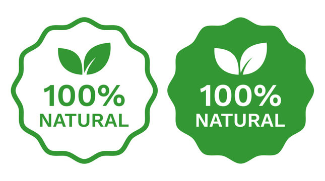 100% Natural Labels With Green Leaves Icon isolated on white background