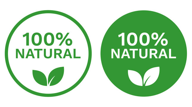 100% Natural Label with Green Leaves Icon isolated on white background