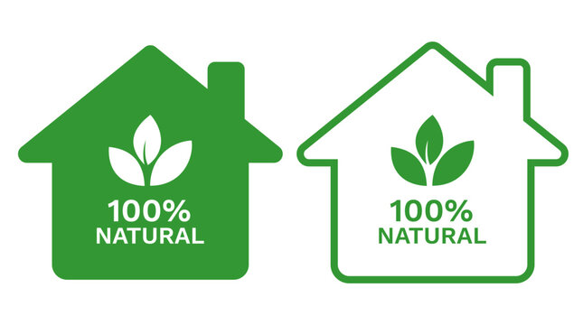 Two green house icons with 100% natural text and leaf symbol isolated on white background