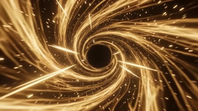 Cinematic FPV flight into black hole accretion disk with swirling golden plasma and bent light for copy space
