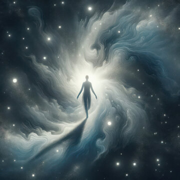 Silhouette Walking Into Cosmic Light Swirls And Stars