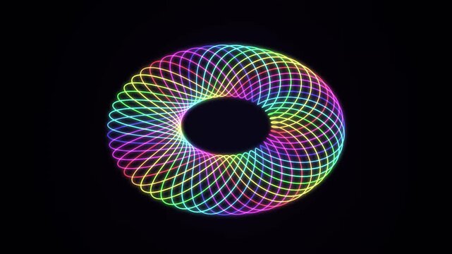Glowing neon rainbow spirograph ring rotating geometric torus line loop animation on black background