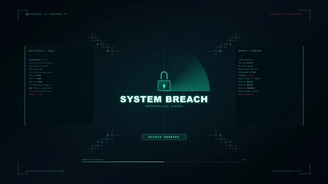 Hacking Animation on Black Background, Green Digital Code Streaming, Cybersecurity Data Breach Concept, Hacker Terminal Interface