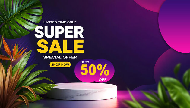 Vibrant Tropical Super Sale 50 Percent Off Discount Poster Design with 3D Product Display Podium and Lush Foliage