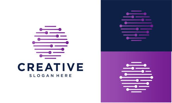 Modern abstract circular logo design with purple connectivity lines and nodes representing digital network and data communication