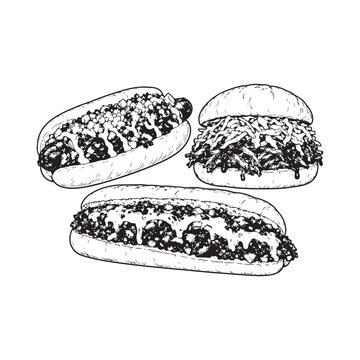 Hot Dog Line Art Collection, Chili Cheese Hot Dogs, Loaded Sausage Buns and Gourmet Sandwich Outline Vector