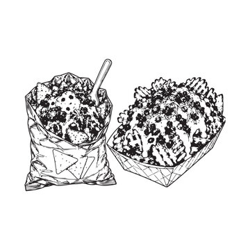 Loaded Nachos Line Art Collection, Tortilla Chips with Cheese, Salsa, Guacamole and Dipping Sauce Outline Vector.