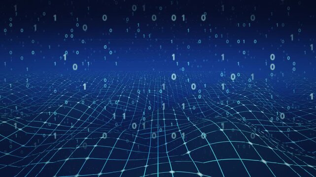 Digital Binary Code Data Stream Background Cyber Mesh Terrain Glowing Blue Grid Surface, Representing Abstract Technology Cybersecurity Artificial Intelligence Big Data Network Connections Information