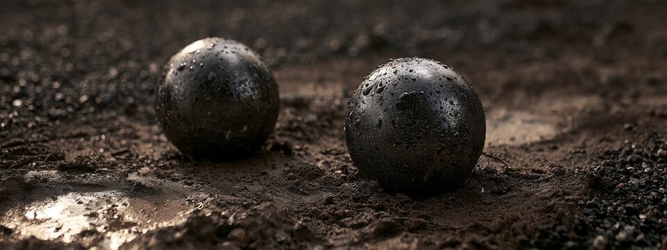 Heavy Steel Petanque Balls Partially Embedded in Damp Earth with Water Droplets Revealing Outdoor Sports Environment