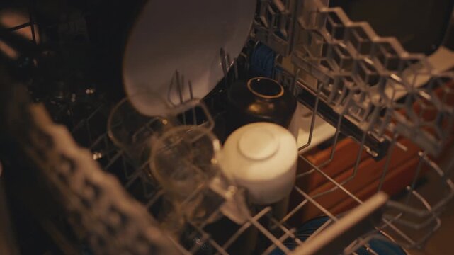 Close-up of female hand pulling out upper rack of dishwasher with clean dishes and taking out glass cups. Daily kitchen routine and domestic chores in warm modern home.