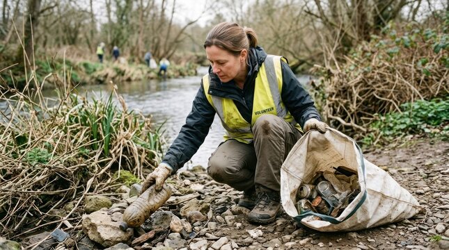 A woman in a high-visibility vest and gloves picking up trash from a riverbank.