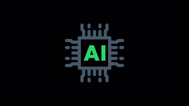 Green AI processor chip icon with diagonal shine animation for artificial intelligence hardware and computing software applications, high quality video footage processor, shine, chip, ai, tech
