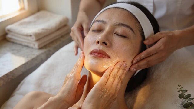 Placing oiled hands, therapist doing facial massage at spa for relaxation, client wearing headband