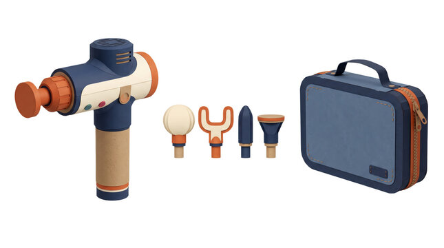 Blue and beige handheld percussion massage gun with four interchangeable heads and a matching zippered carrying case on a white background