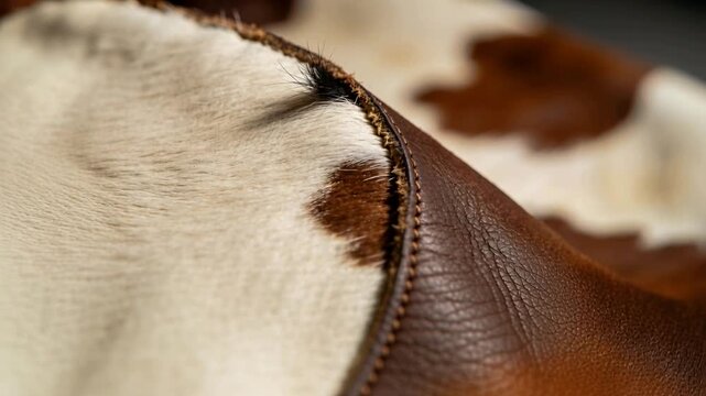 Shifting camera over stitched seam in showroom, highlighting cowhide, leather, black tuft