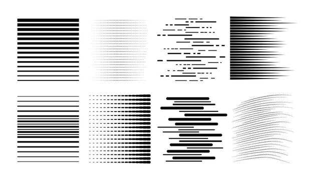 Set of eight black patterns featuring horizontal lines, dashes, dots, and speed streaks stripes vector illustration Isolated on white background.