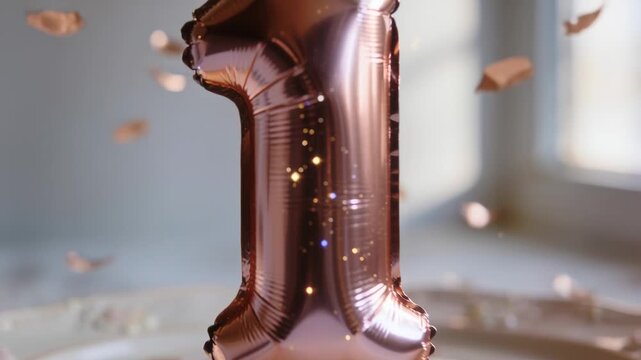 Floating rose-gold number 1 balloon bobbing above ornate plate at window, draft moving confetti