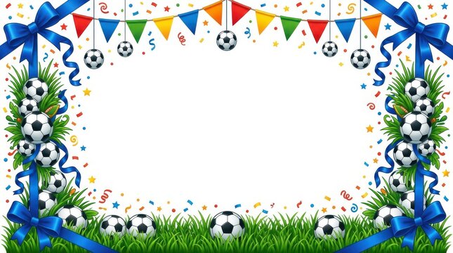 Football themed frame border with soccer balls and bunting isolated on white background