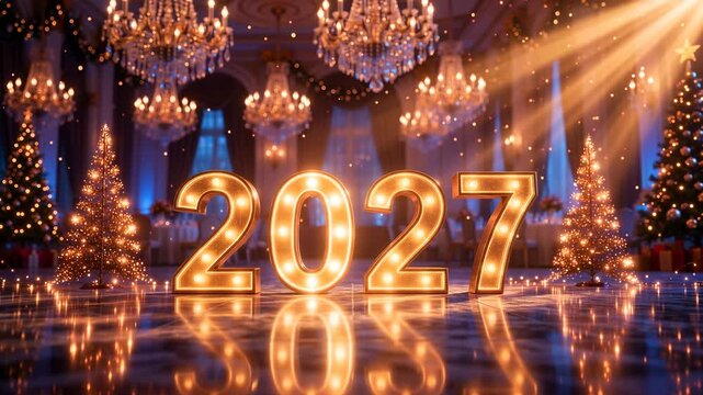 Large 2027 numerals stand among lit trees in a decorated hall
