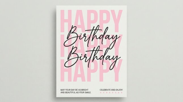 Happy birthday greeting card template with pink typography and elegant black cursive text