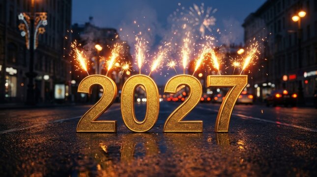 2027 golden numbers with sparklers on wet city street at night