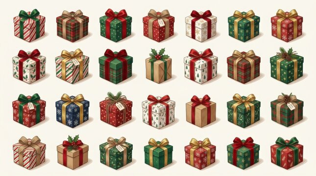 A grid of various beautifully wrapped christmas presents isolated on white background