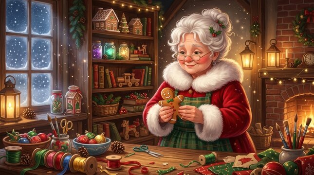 Mrs claus inspecting a gingerbread man in a cozy workshop filled with holiday decor, gifts, and glowing lights