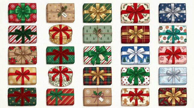 A grid of various rectangular and oval wrapped christmas presents isolated on white background