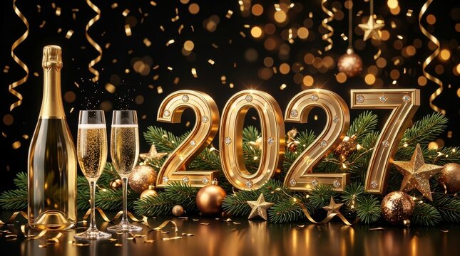 Happy new year 2027 champagne bottle and glasses with fir branches