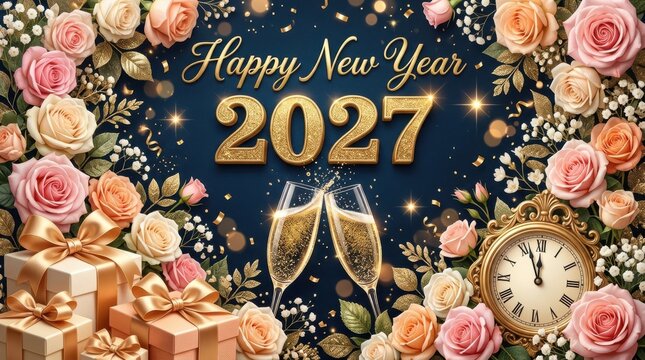 Happy new year 2027 gold numbers with roses gifts and clock