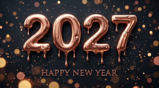 Rose gold 2027 numbers with melting liquid effect and bokeh background
