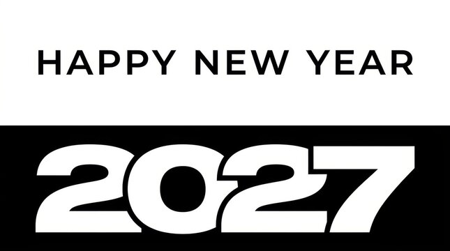 Minimalist happy new year 2027 poster featuring bold white typography isolated on white background