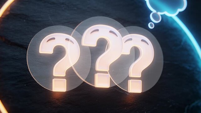 Animating three question marks shifting at dark backdrop on start, plates, neon arcs teasing reveal