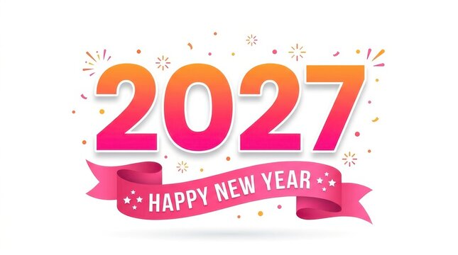 Happy new year 2027 greeting card design with pink ribbon isolated on white background
