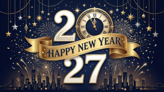 Luxury happy new year 2027 celebration card with gold ribbon, clock, and city skyline