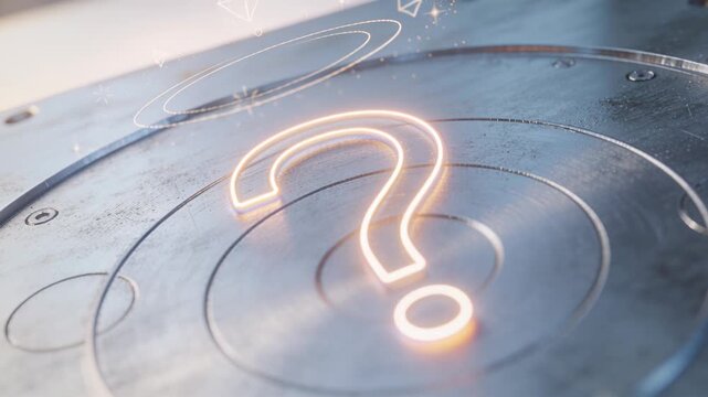 Starting animation glowing neon question mark symbol forming halo and sparkles on engraved plate