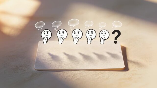 Shifting warm light casting shadows from five thinking icons and question mark onto card on table