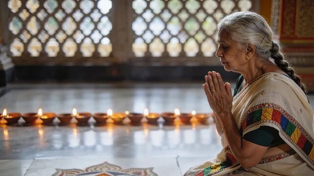 Leaning senior woman in sari placing marigold on rangoli folding palms praying at shrine