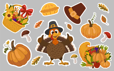 Fototapeta premium Set of Thanksgiving stickers: funny turkey in pilgrim hat, cornucopia, harvest basket, pumpkins, pie, mushrooms and autumn leaves. Colorful cartoon illustration for cards, prints and decorations.