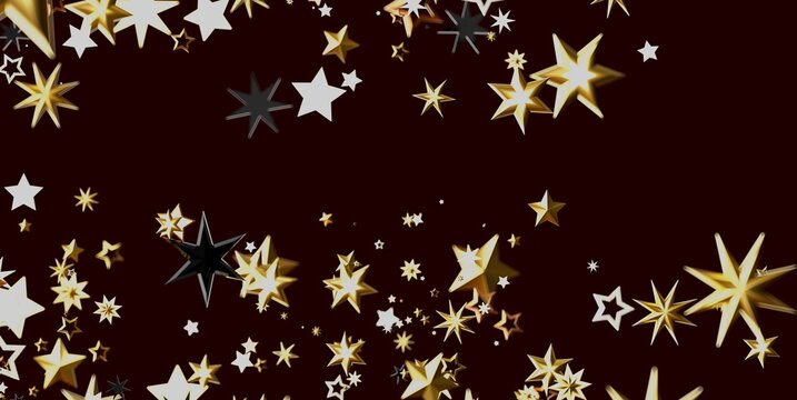 Shimmering gold, white, and black stars create a festive border on a deep red background.