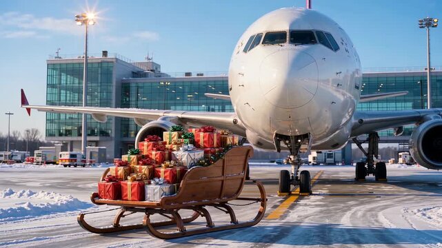 Wrapped gifts arranged in a sleigh beside a Christmas tree at winter dusk