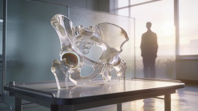 Sunlight rising, camera zooming on clear pelvis on clinic table, showing hip socket