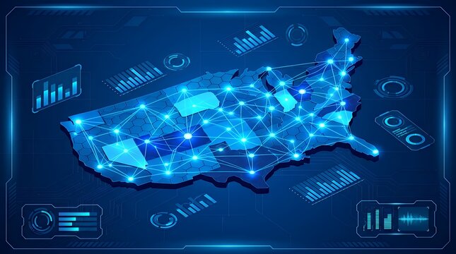 Abstract Digital Country Territorial Hexagon Grid Map Data Visualization Layout In High Tech Blue Color Scheme Network Connection Technology And Big Data Analytics Infographic Background Backdrop
