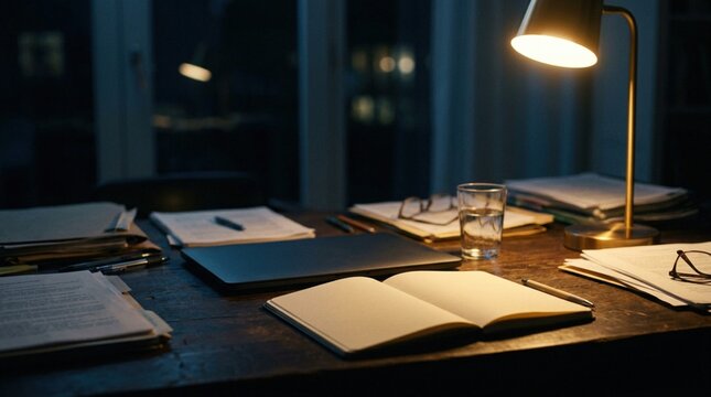 Political Campaign Planning Workspace with Open Notebook Documents and Desk Lamp for Election Strategy Policy Research and Voter Outreach