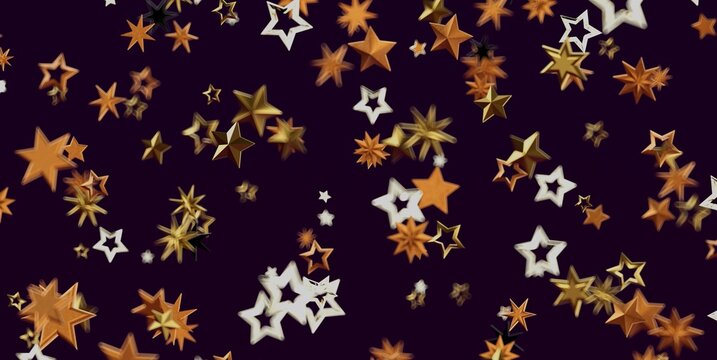 Festive abstract background with falling golden and white stars on dark purple.