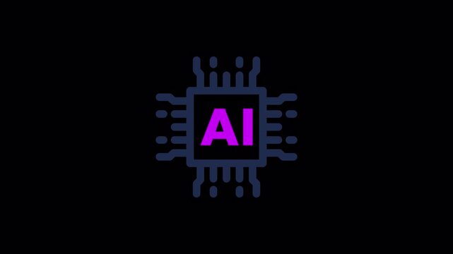 Purple AI processor chip icon featuring diagonal shine animation for advanced machine learning software applications, high quality video footage processor, shine, chip, ai, tech